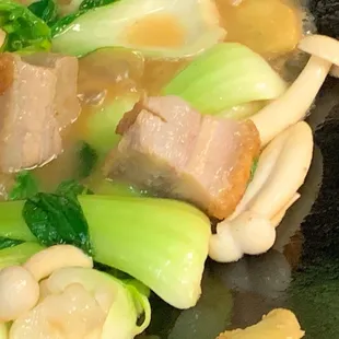 Close up of the Shanghai cabbage and white shimeji mushrooms purchased from here.