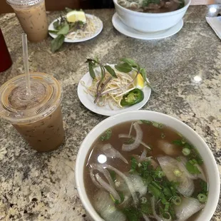 Iced coffee, #17 special combo &amp; #23 eye round steak &amp; tendon pho
