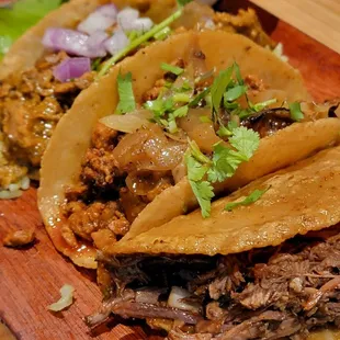 Tacos- Chicken Molé, Pork Al Pastor, Quesabirria de Res (beef)