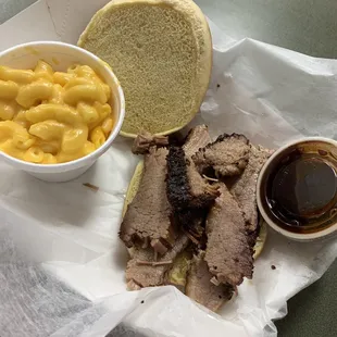 Brisket sandwich with Mac and Cheese.