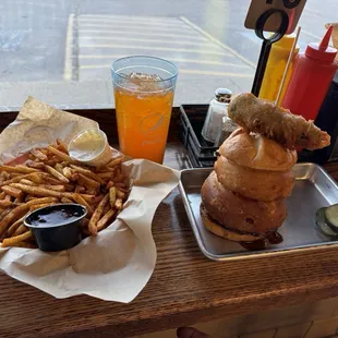 Bonfire burger, BBQ Ranch Fries, and a soft drink.