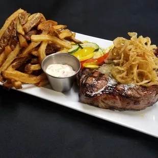 Amazing Harris Ranch Ribeye and fries.