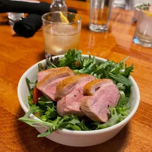 Valentine's Prix Fixe duck and arugula salad with lemon honey dressing