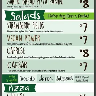 Panini's and salads menu