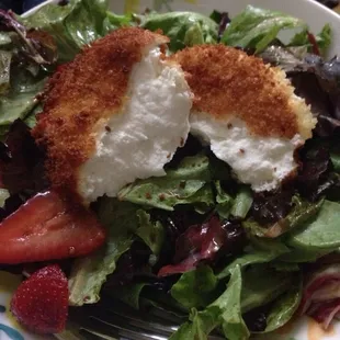 Panko crusted goat cheese. Raz berry dressing organic mixed greens