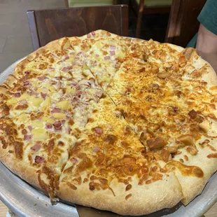 Hawaiian and buffalo chicken pizza