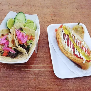 Carne Asada tacos &amp; a Con todo hot dog from T-Locs