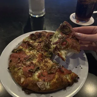 Personal Build Your Own Pizza Pesto base with pepperoni, red onion and jalapeño