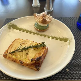 Apple crisp, matcha cream puff