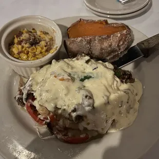 Smothered chicken with sweet potato and jalapeño creamed corn