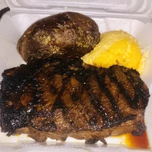 Hawaiian rivet with cheese grits and a baked potato (to-go)
