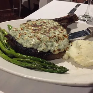 Cowboy Ribeye, black &amp; blu w/ mashed potatoes and asparagus