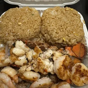 Steak, lobster and shrimp with double rice