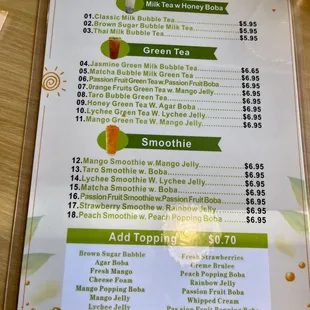 a menu for bubble tea