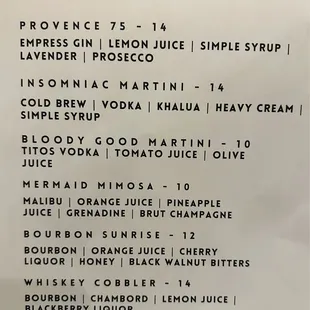Brunch cocktail menu