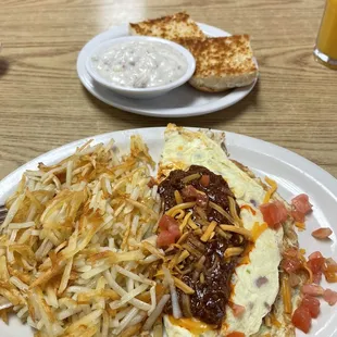 Chili omelette and biscuit and gravy