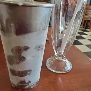 Butterscotch Milkshake in tin filled the glass up for three servings