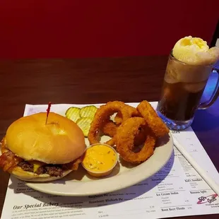 Bacon Cheddar Burger with Onion Rings and a Root Beer Float!