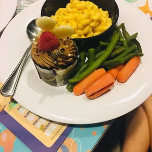 Mac N Cheese Vegetables and a Chocolate Cupcake, along with Mickey Ears
