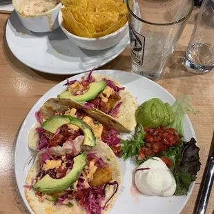 Crispy shrimp tacos and Guada chips