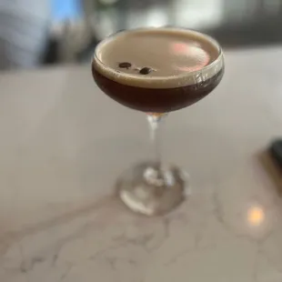 a glass of coffee on a table