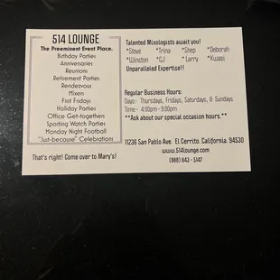 the menu for the restaurant