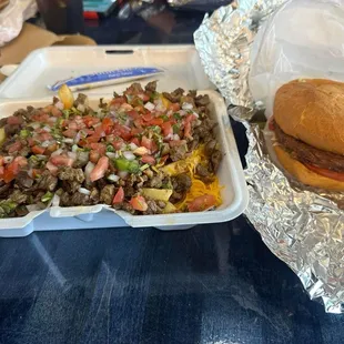 Black bean burger and carne asada fries