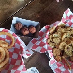 Onion rings hush puppies and fried pickles