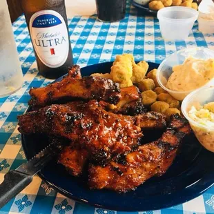 Pork Ribs with Fried Okra, Potato Salad and Coleslaw.