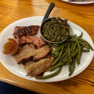 Combo plate with brisket and sausage.