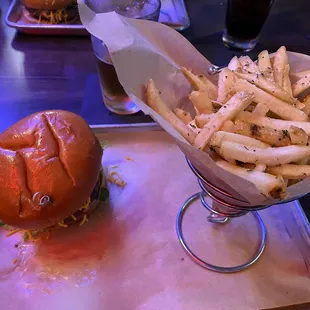 Nola burger with fries (it&apos;s a Bugatti with sharp cheddar cheese)
