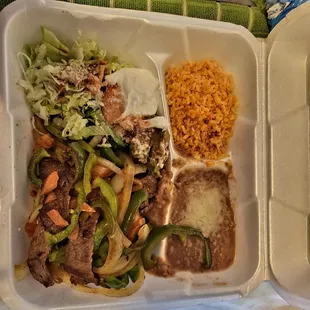 $14.95 steak fajitas. The most tender steak ever (long, thin cuts). Fresh crispy bell pepper &amp; grilled onions. On homemade flour tortillas