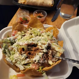 Taco salad with shredded meat. So good. I make a large bowl of lettuce and then pile this on top, since there's not much lettuce.