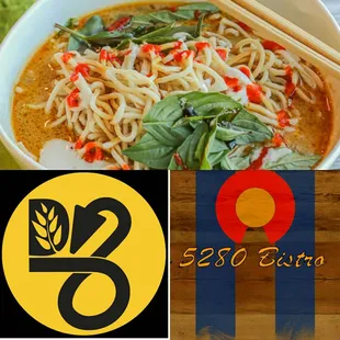 a bowl of noodles and chopsticks