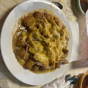 Tim's Tater Tots with chili verde , carnitas ,and cheese toppings.