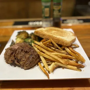 Medium rare filet, brussel sprouts, fries