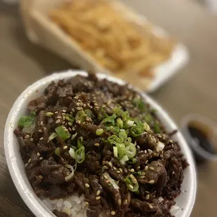 Beef bowl and Fries