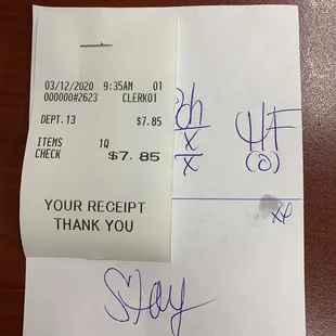 a receipt for a customer