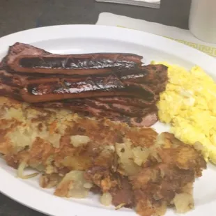 Breakfast platter: Hot Beef Sausage, Scrambled Eggs, Homefries deliciously amazing