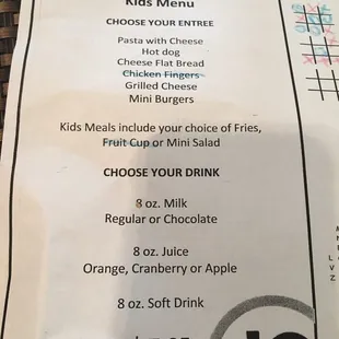 Kids menu