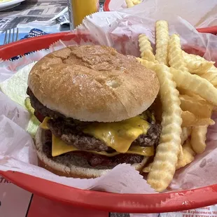 Double bacon cheeseburger with fries