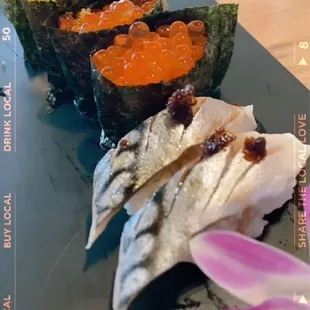 Quail egg &amp; tobiko nigiri, ikura nigiri, mackerel nigiri