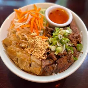 Vermicelli Noodles with Spring Rolls and Grilled Pork Bowl