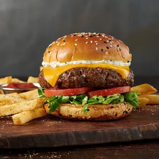 a cheeseburger and fries