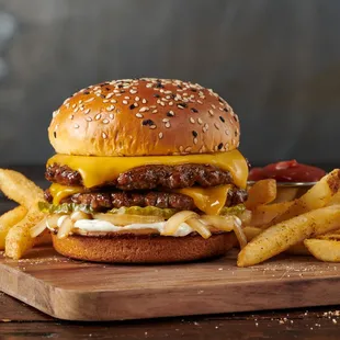 a cheeseburger and fries