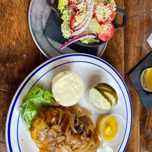 a plate of food on a wooden table