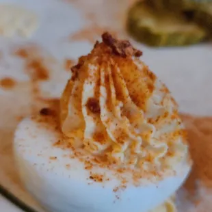 Deviled eggs. Come with hot pockets on the plate. Yum!