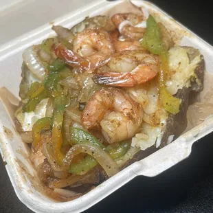 BAKED POTATO w shrimp , with onion and bell peppers