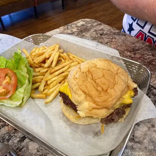 Cheeseburger and French fries.