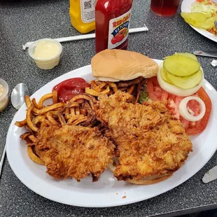 a plate of fried chicken and fries